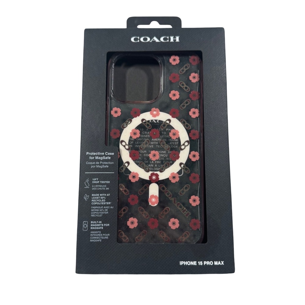 Coach iPhone 15 Pro Max Case MagSafe Tea Rose Floral Burgundy CH052660 NEW